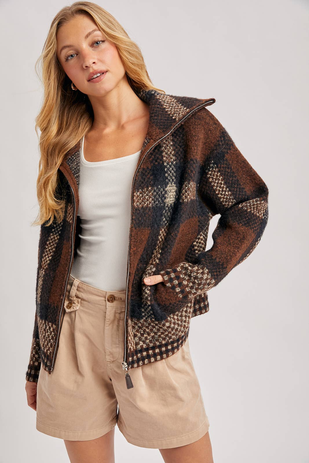 Plaid fuzzy knit sweater jacket