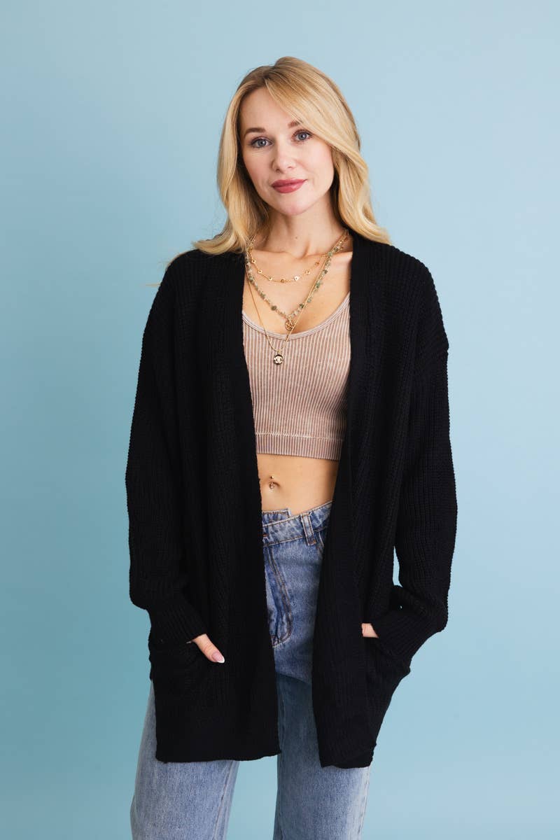Black Open-Front Waffle Knit Long Cardigan