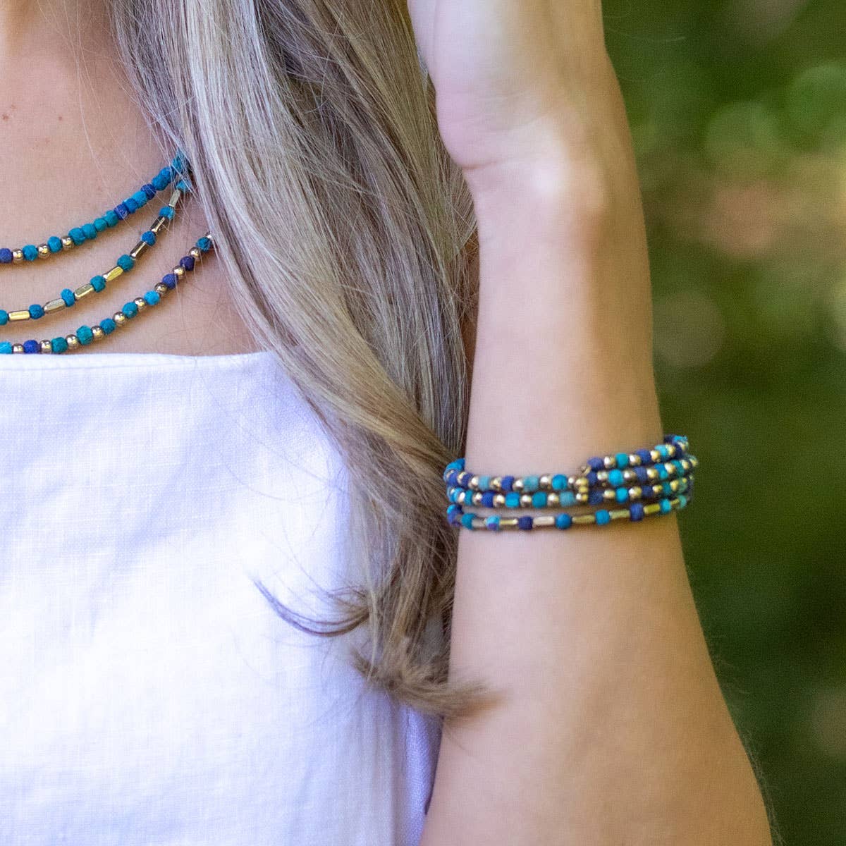Aqua Coil Kantha Beaded Bracelet