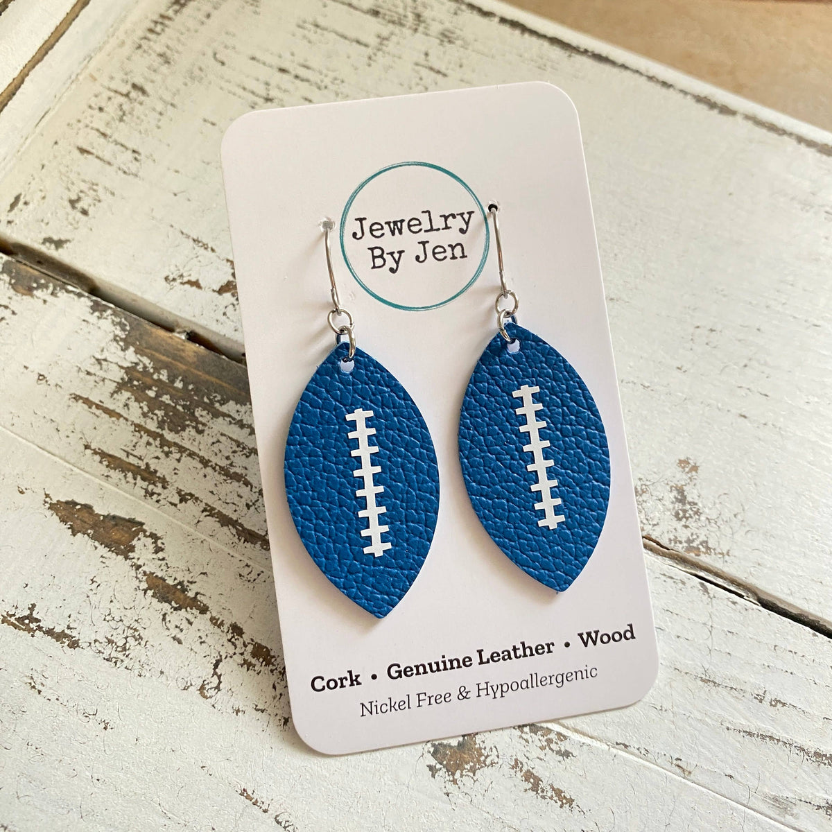 Football Earrings (Medium): Royal Blue w/White Stitches