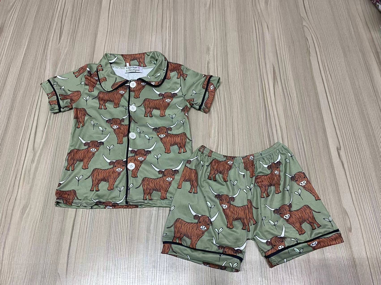 Green Highland Cow 2 Piece Shorts Lounge Set