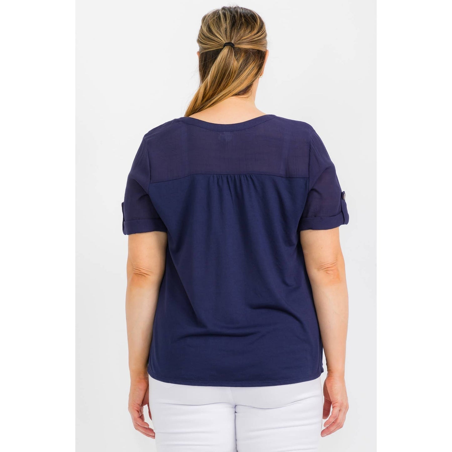 Plus- Navy pintuck top