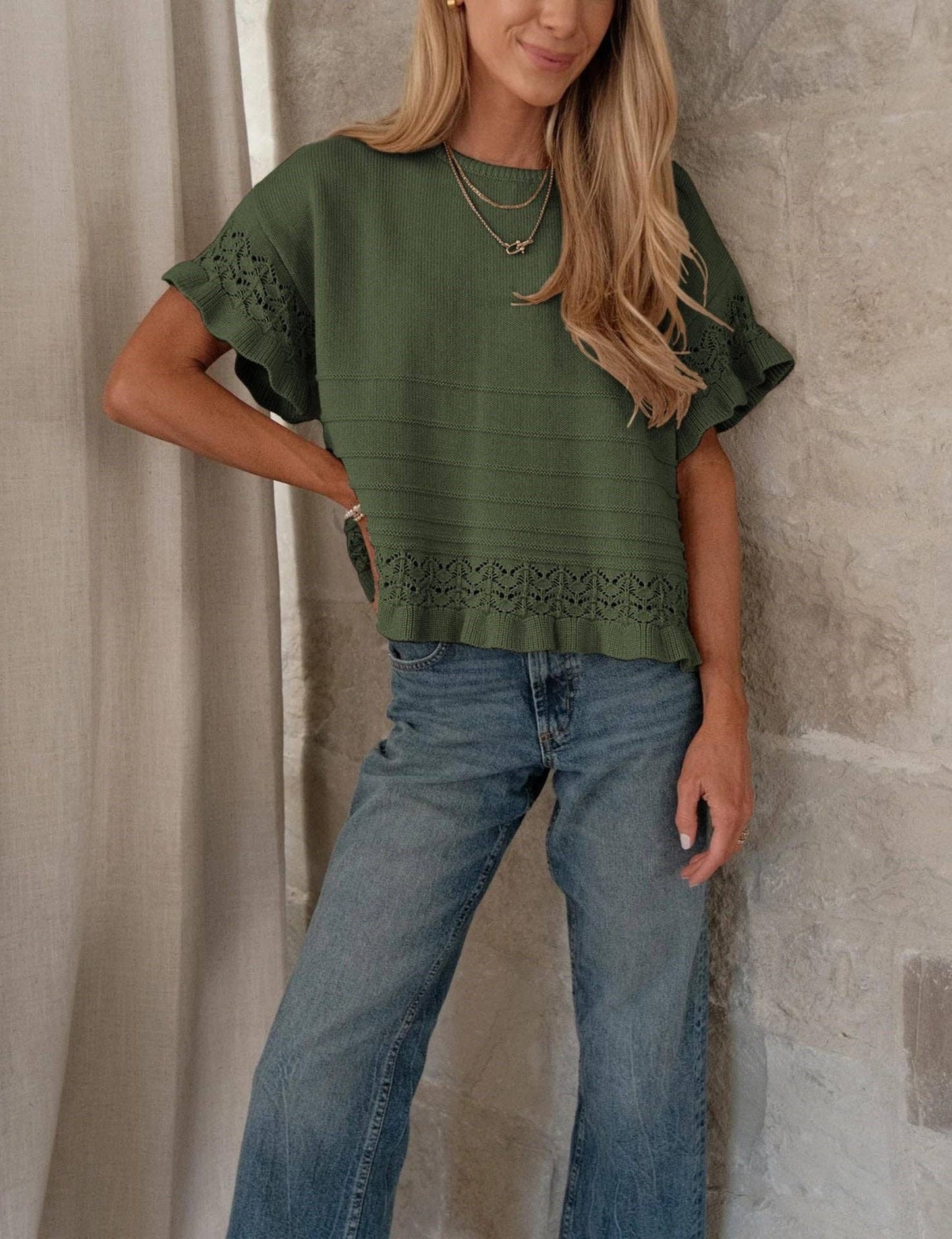 Ruffle Sleeve Crochet Knit top