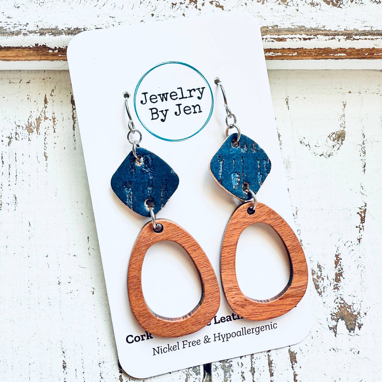 Wood Oblong & Navy Cork Earrings