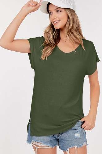 Basic Short Sleeve V-Neck Top With Side Slits