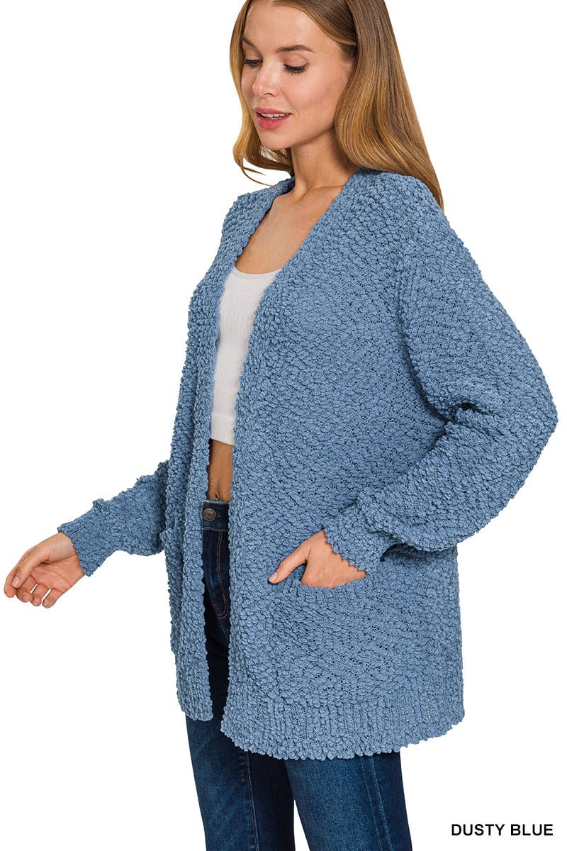 Dusty blue Popcorn Sweater Cardigan w/Pockets