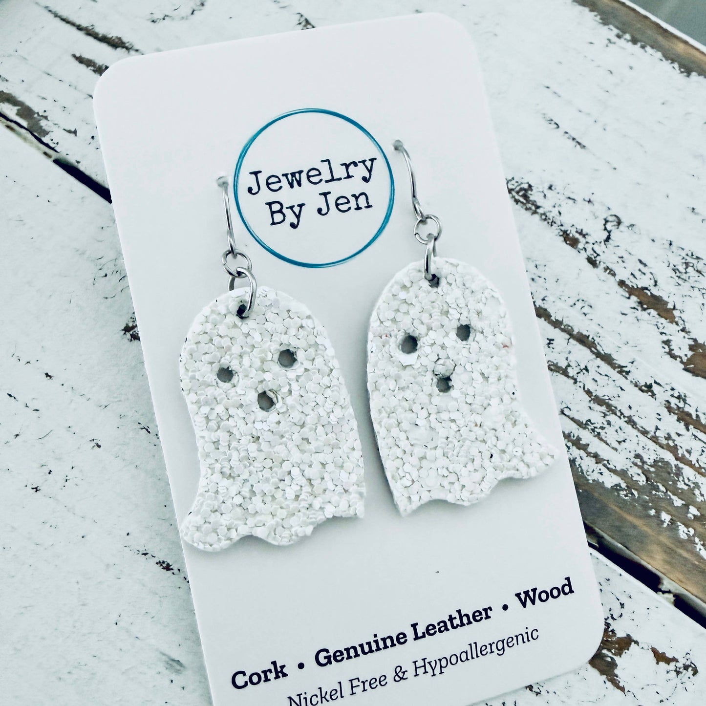 Ghost Earrings: White Glitter