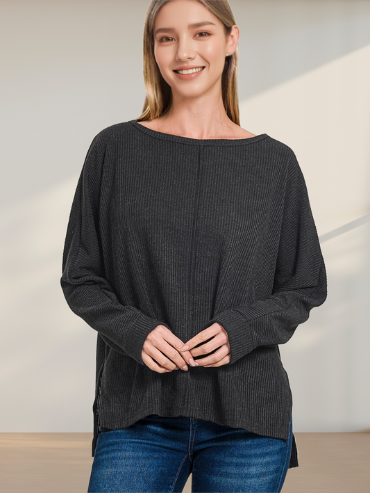 Black Side-slit Ribbed Sweater