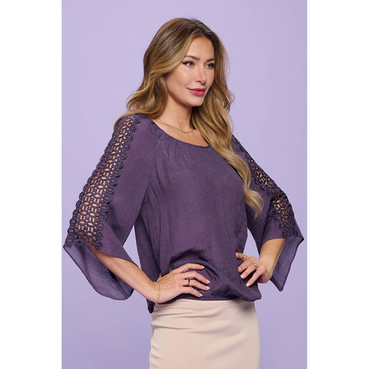Purple 3/4 crochet sleeve bubble hem top