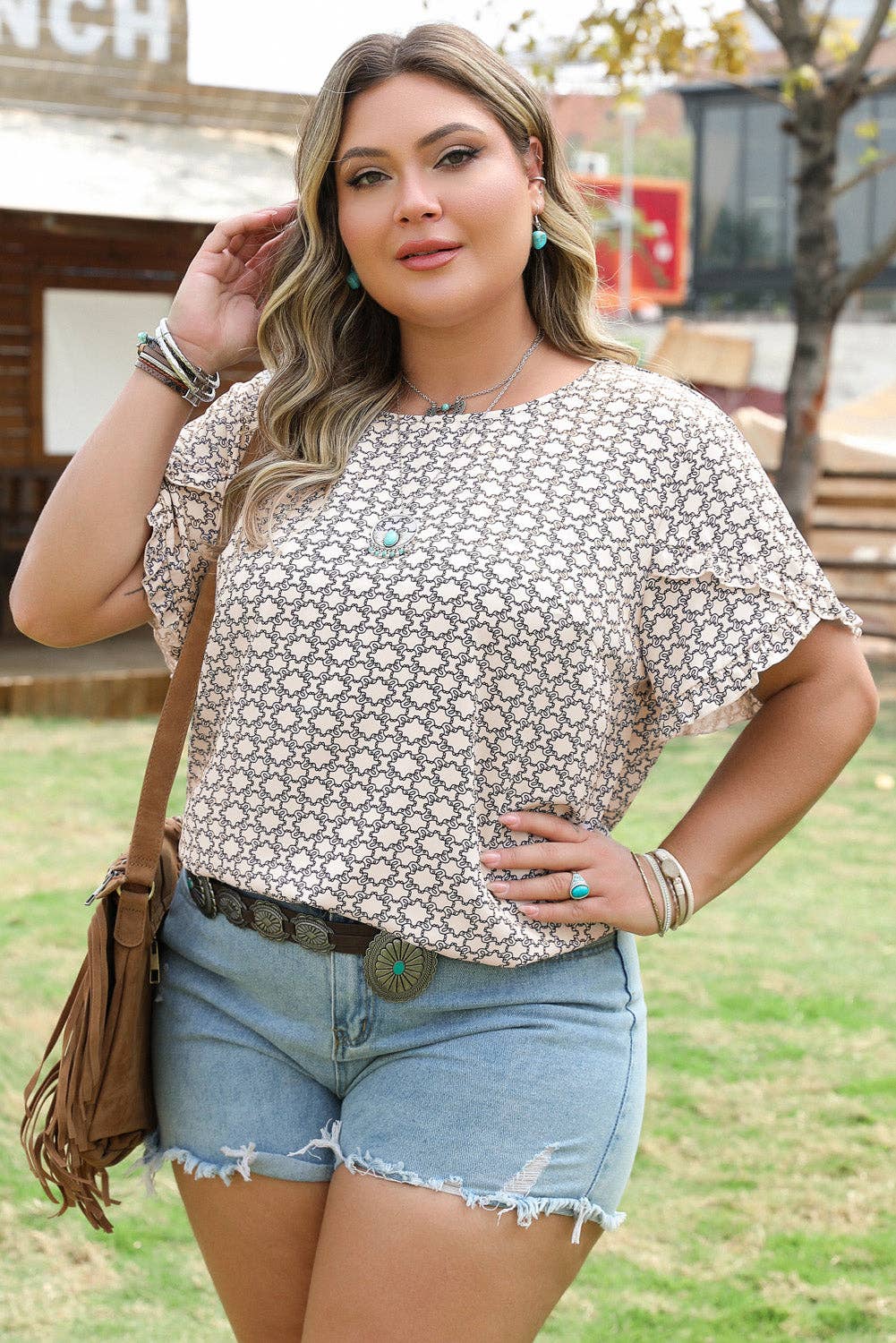 Geometric Plus Size Ruffled Sleeve Blouse