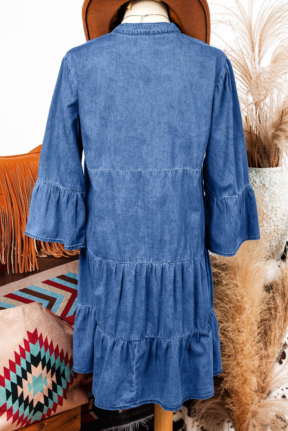Chambray Ruffle Tier Split Denim Dress