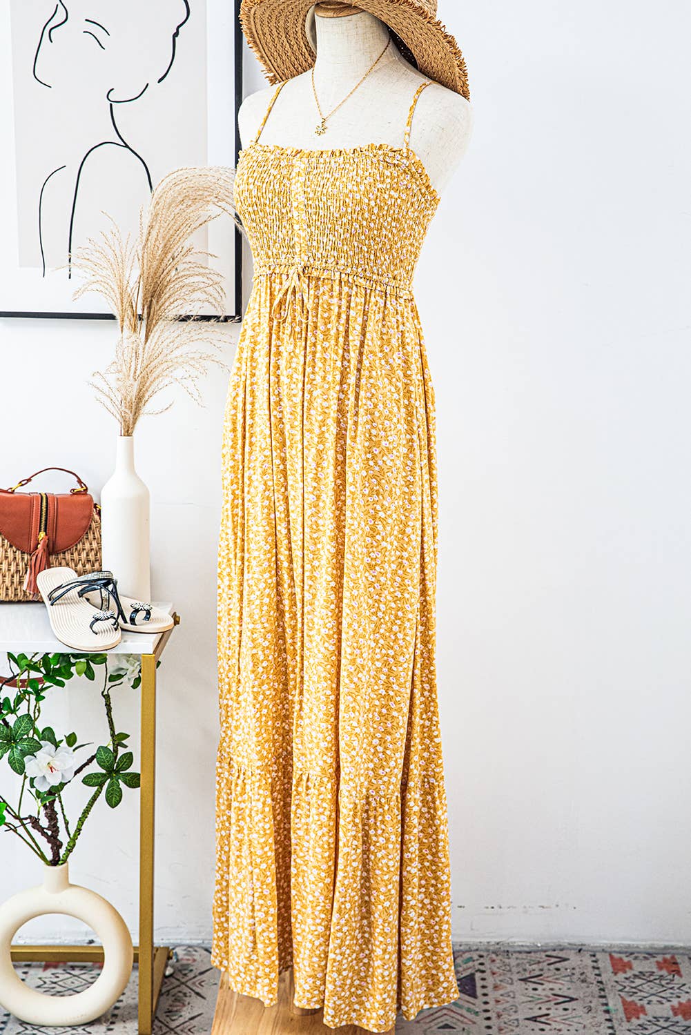 Yellow Boho Smocked Floral Maxi Dress
