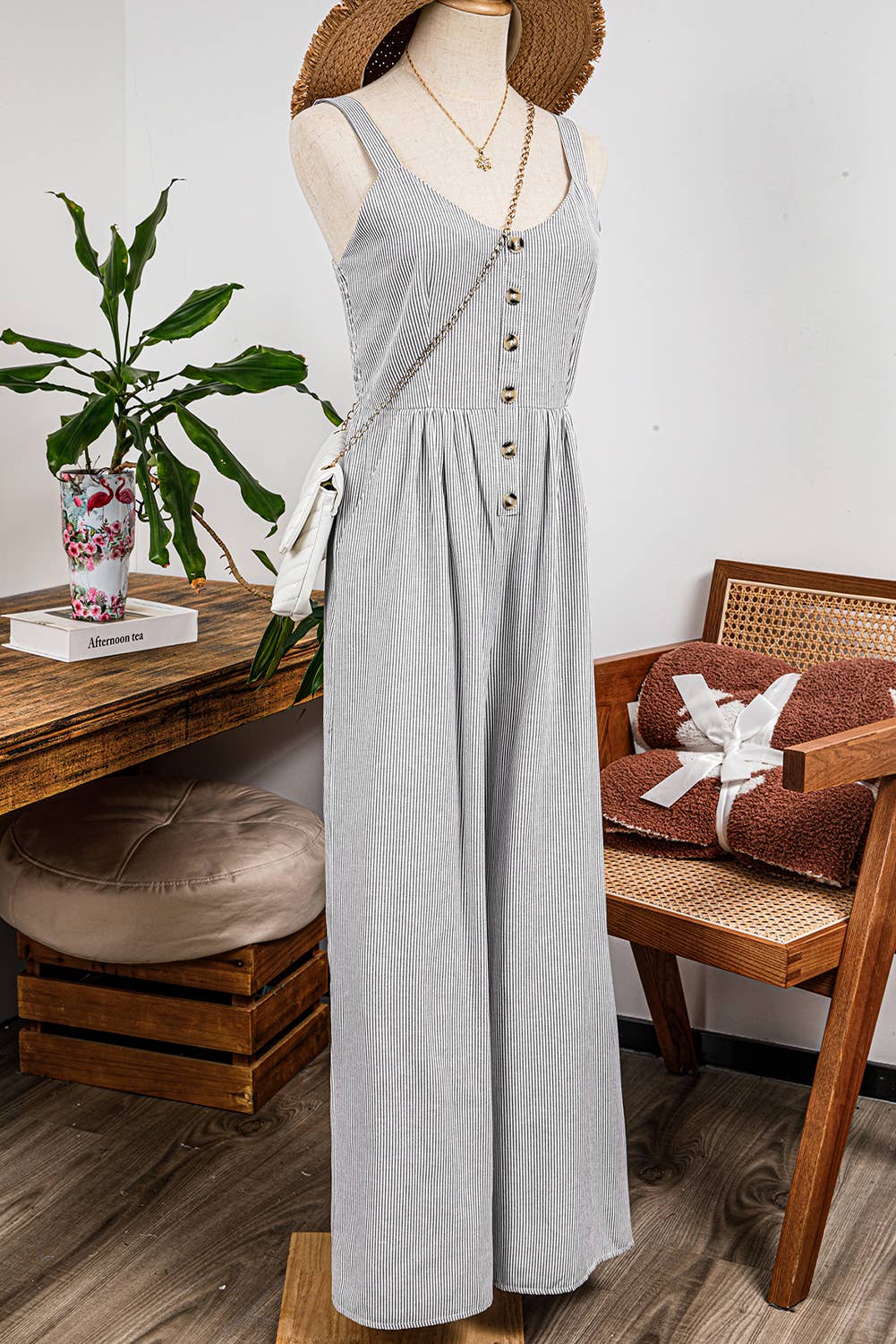 Stripe Half Buttoned Sleeveless Wide Leg Jumpsuit