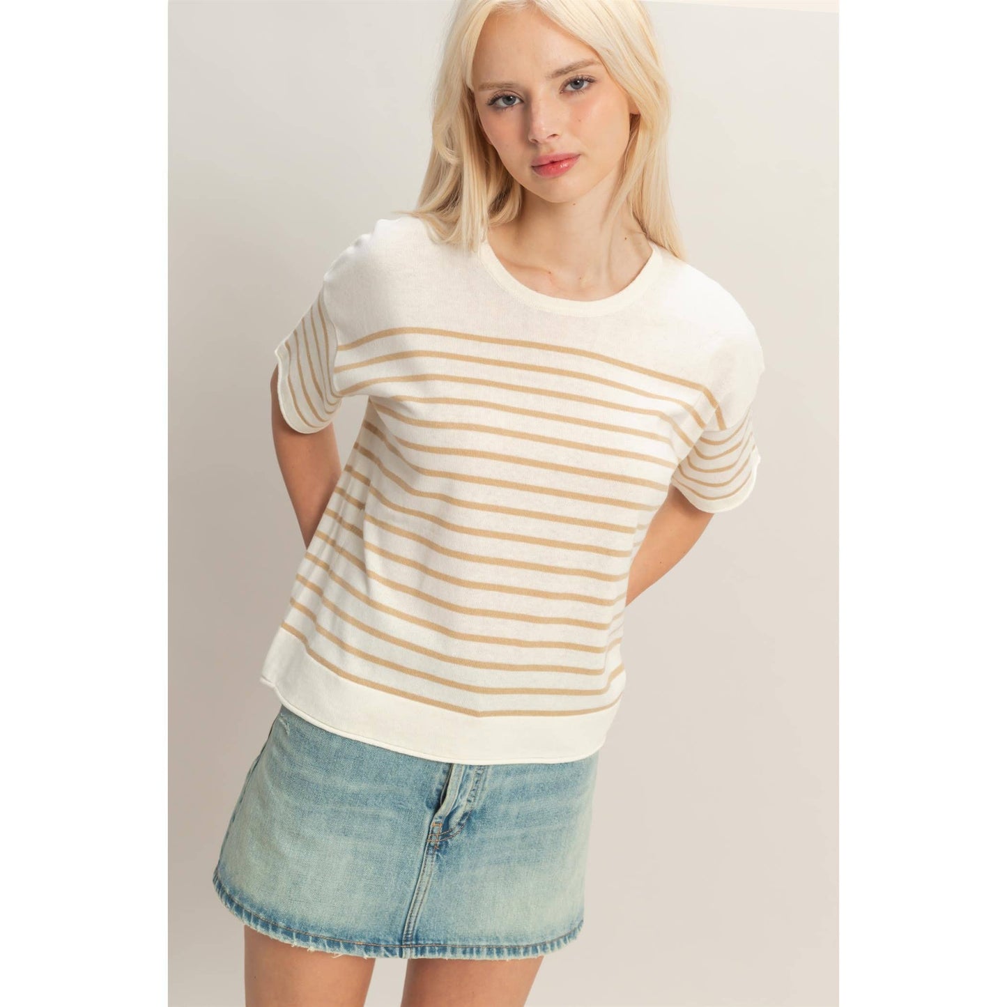 Taupe and white Striped Short Sleeve Knit Top