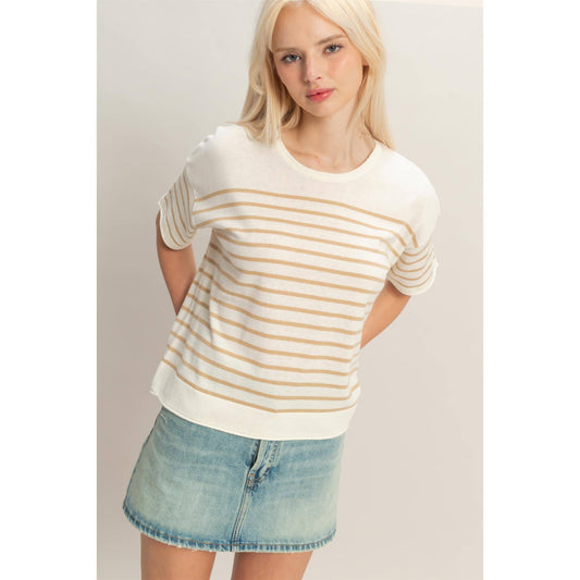 Taupe and white Striped Short Sleeve Knit Top