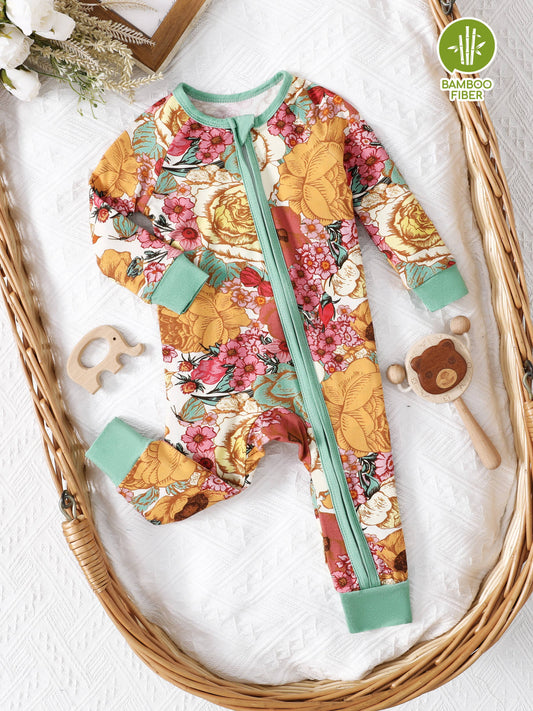 Baby Bamboo Zipper Jumpsuit Long Sleeve Floral Print