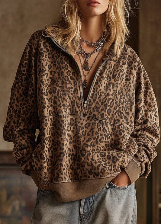 Leopard Print Half Zip Oversized Pullover top