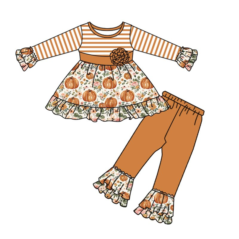 Baby girls fall orange pumpkin stripe pants sets