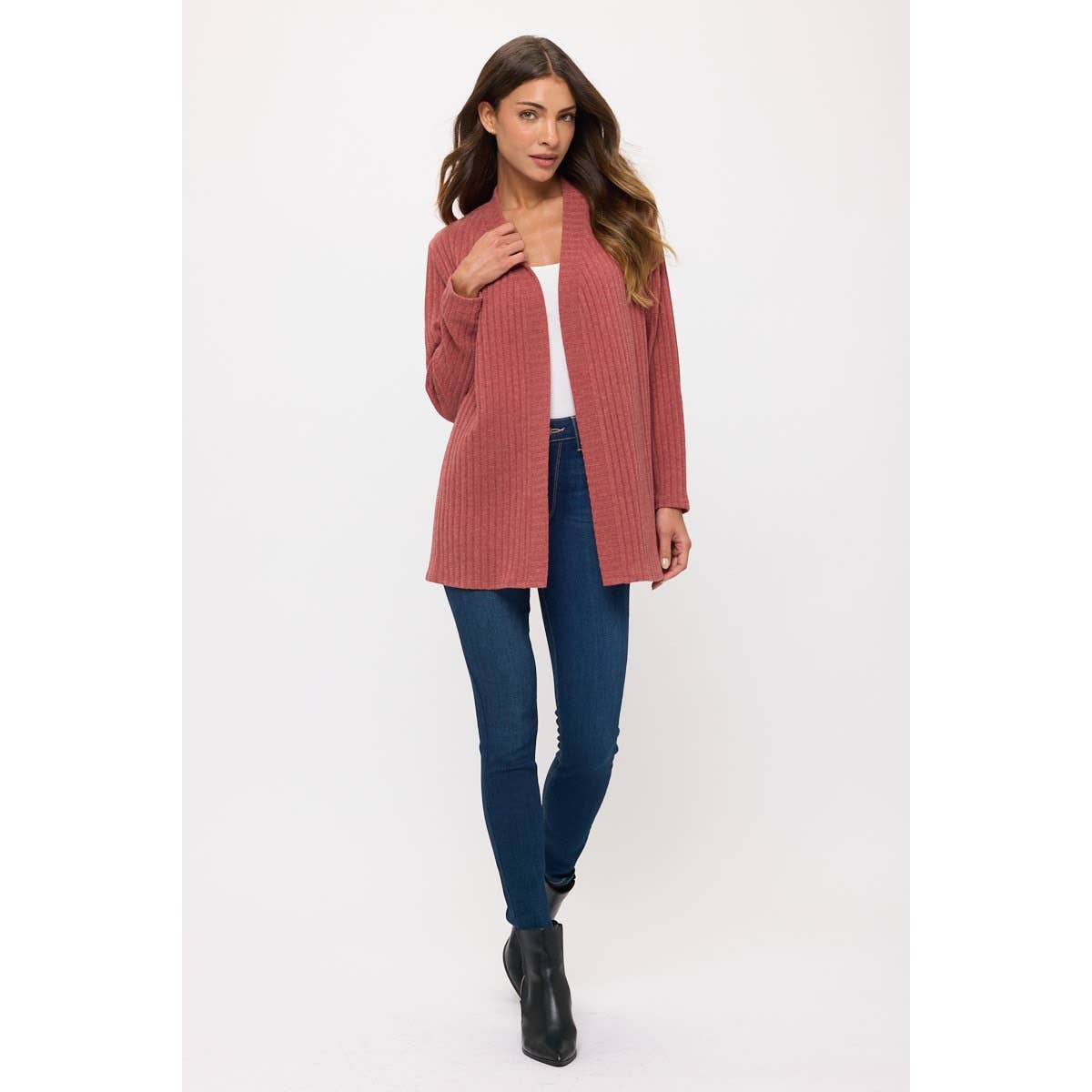 Mauve rib knit open cardigan