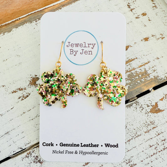 Shamrock Earrings: Irish Gold Glitter