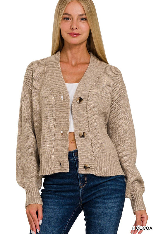 Melange Drop Shoulder Button Front Sweater Cardigan