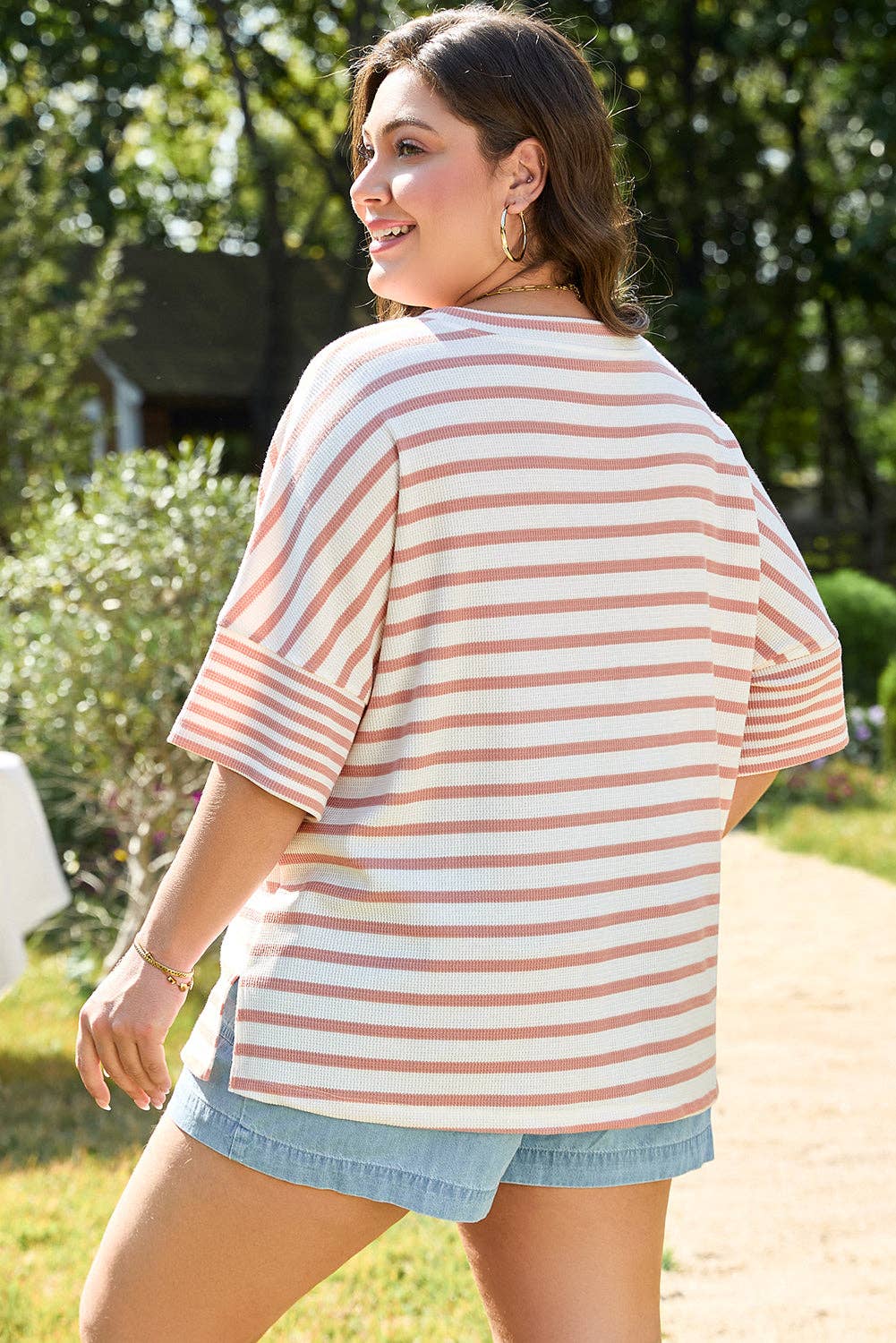 Pink Striped Plus Size Pocket Top