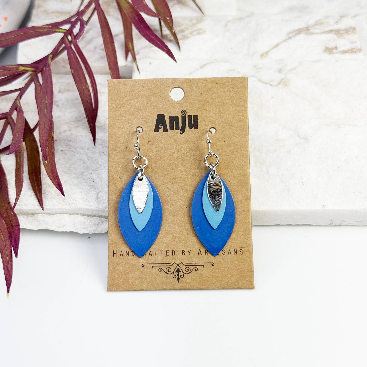 Blue Patina Layered Leaf Earrings