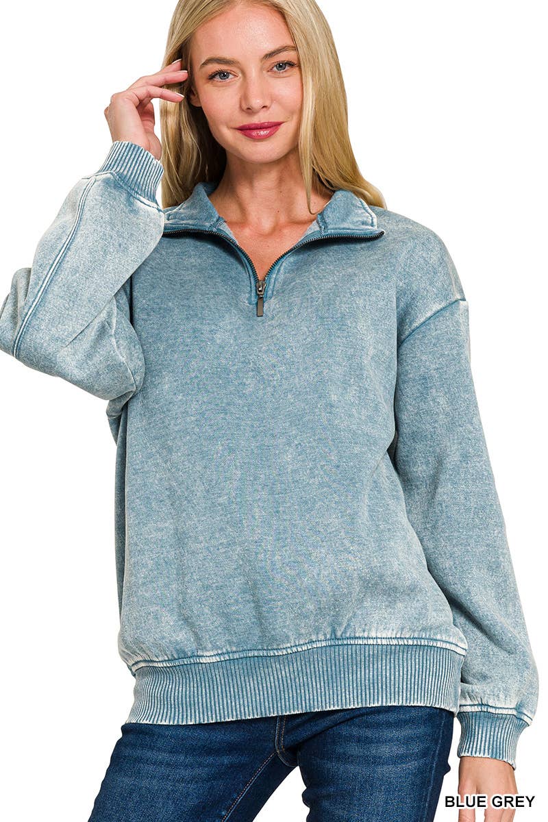 Acid Wash Fleece Half Zip Pullover Zenana