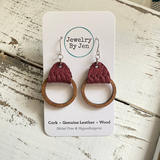 Wood Hoop Earrings: Burgundy Braided