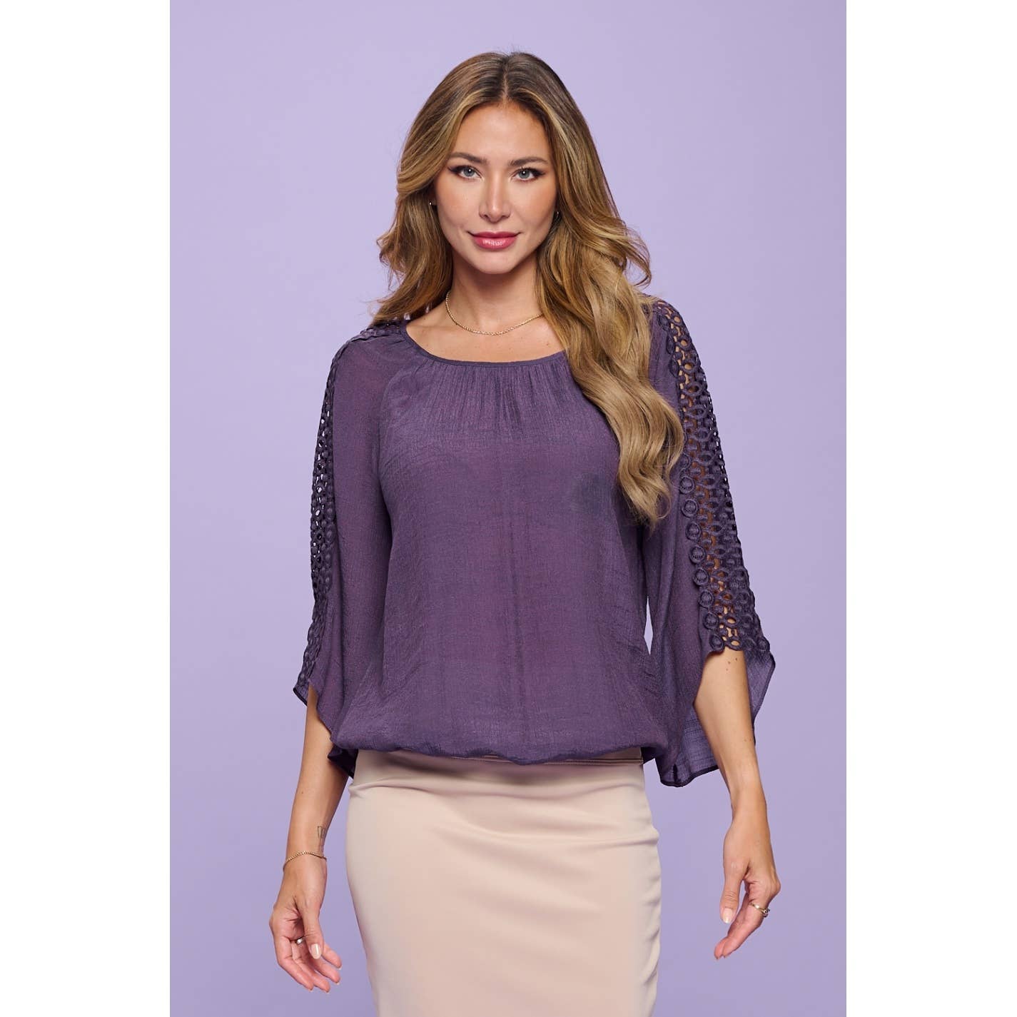 Purple 3/4 crochet sleeve bubble hem top