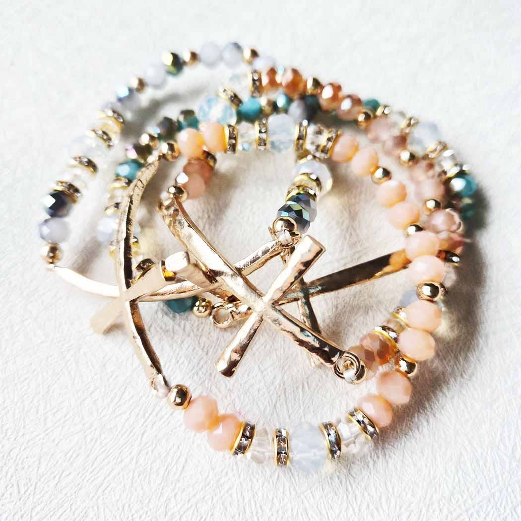 Hammered Cross Bead Stretch Bracelet