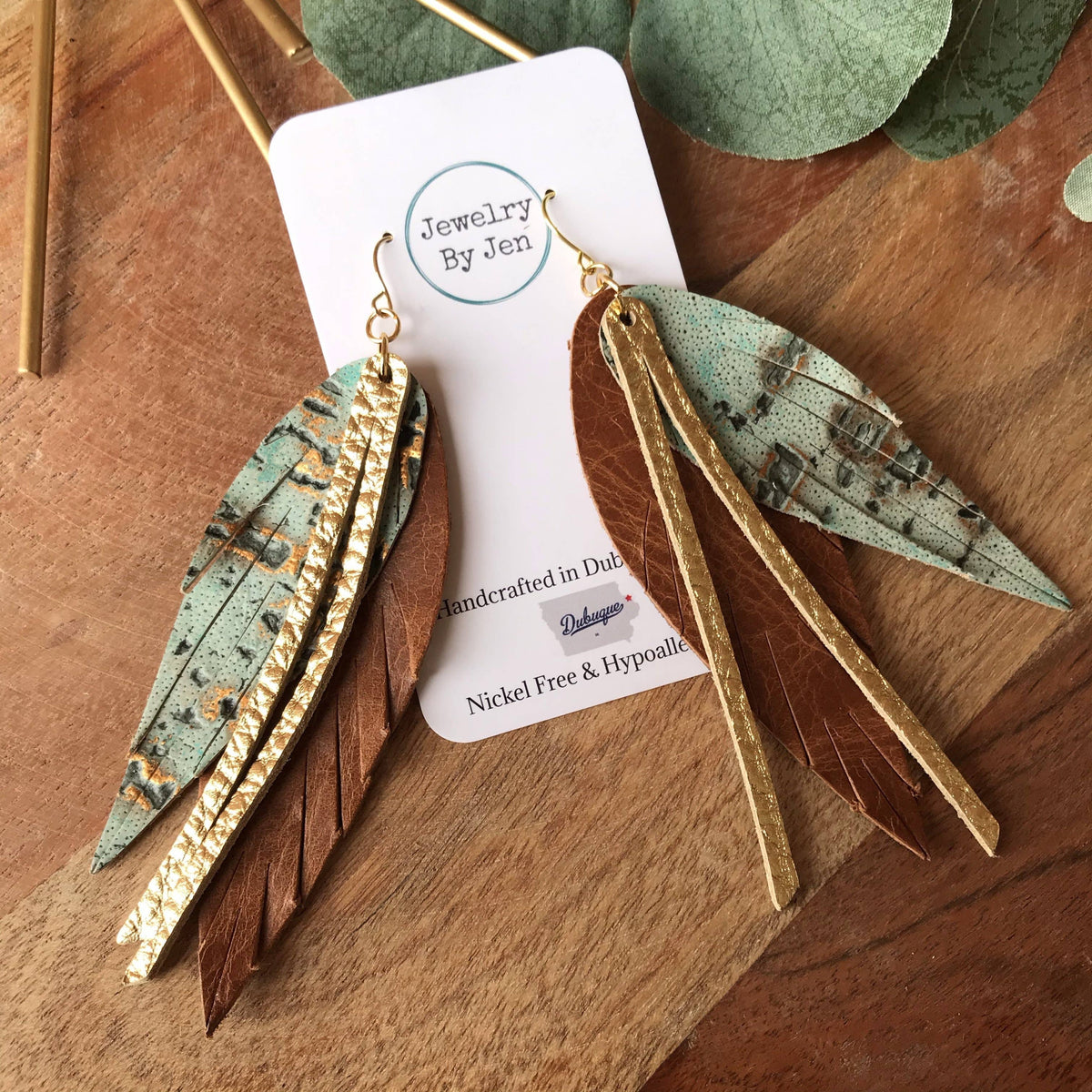 Narrow Fringe Feather Earrings: Gold/Cognac/Turq. Wildwood