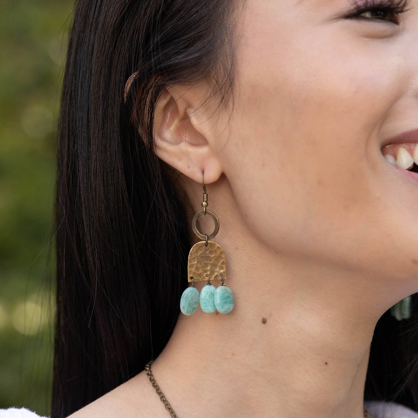 Antique Brass Hoop & Amazonite Cluster Earrings