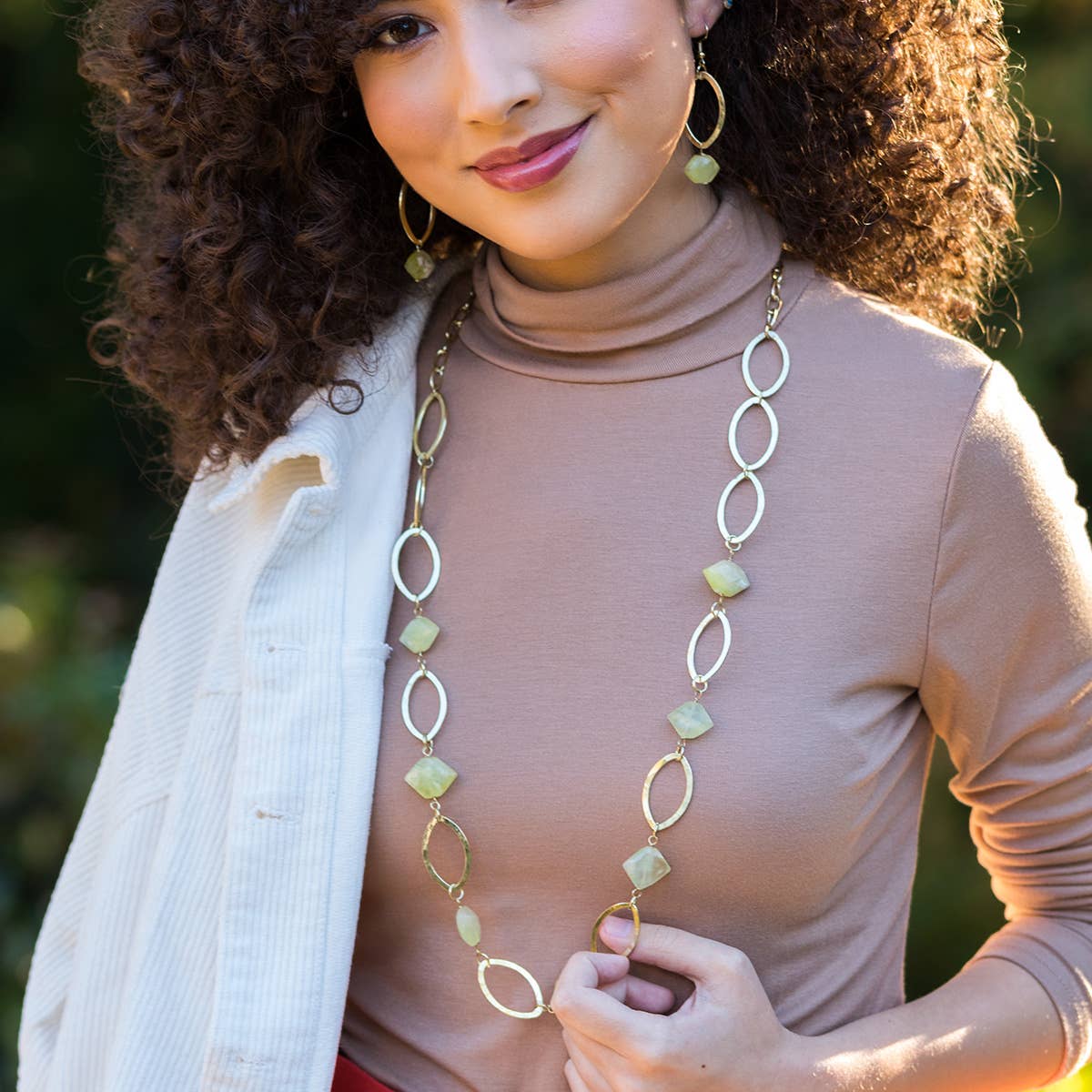 Gold-Plated Long Necklace W/Prehnite Stones