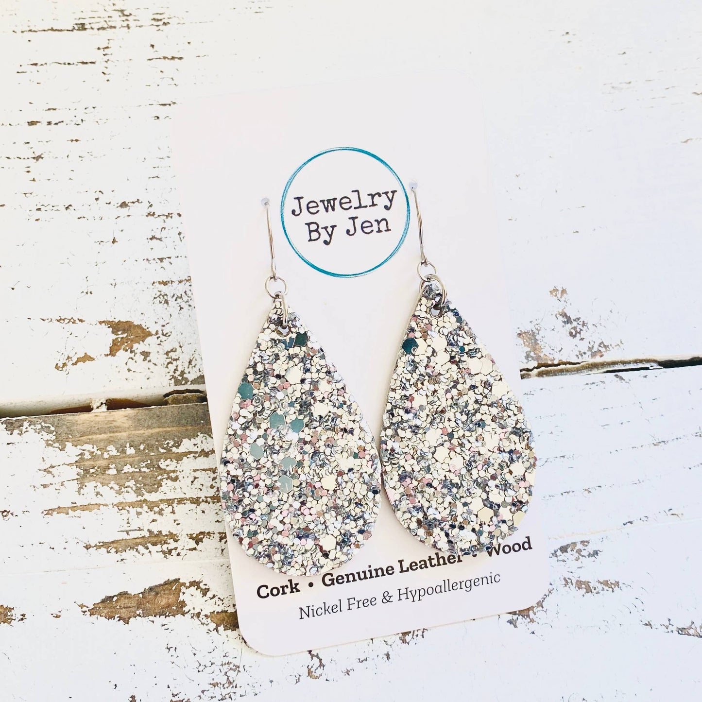 Medium Teardrop Earrings: Chunky Silver Glitter