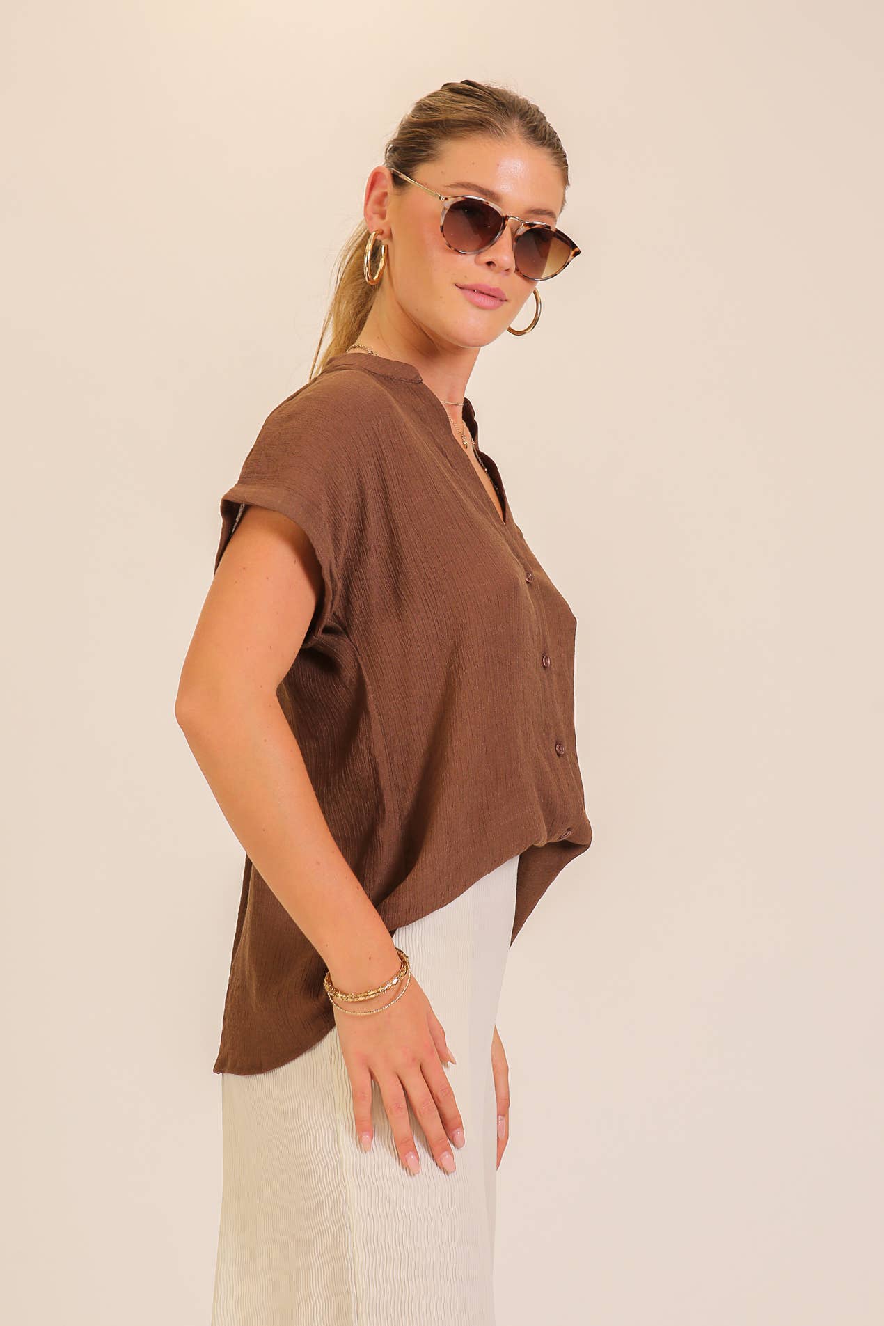 Burnt orange-Textured Gauze Button-Front Blouse