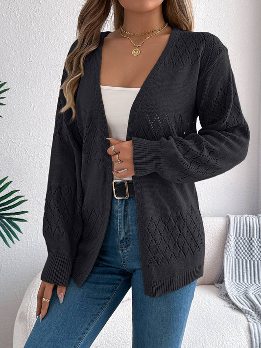 Black Open Front Pointelle Knit Cardigan Top