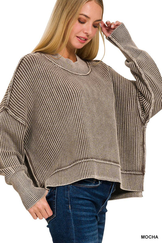 Mocha Washed Side Slit Oversized Cropped Sweater