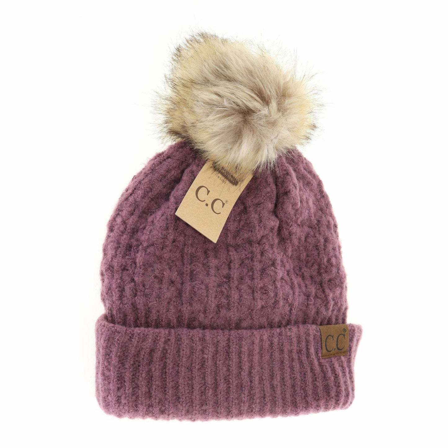 Solid Smocked Stitch Fur Pom C.C Beanie hat