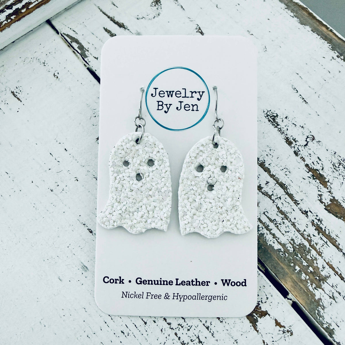 Ghost Earrings: White Glitter