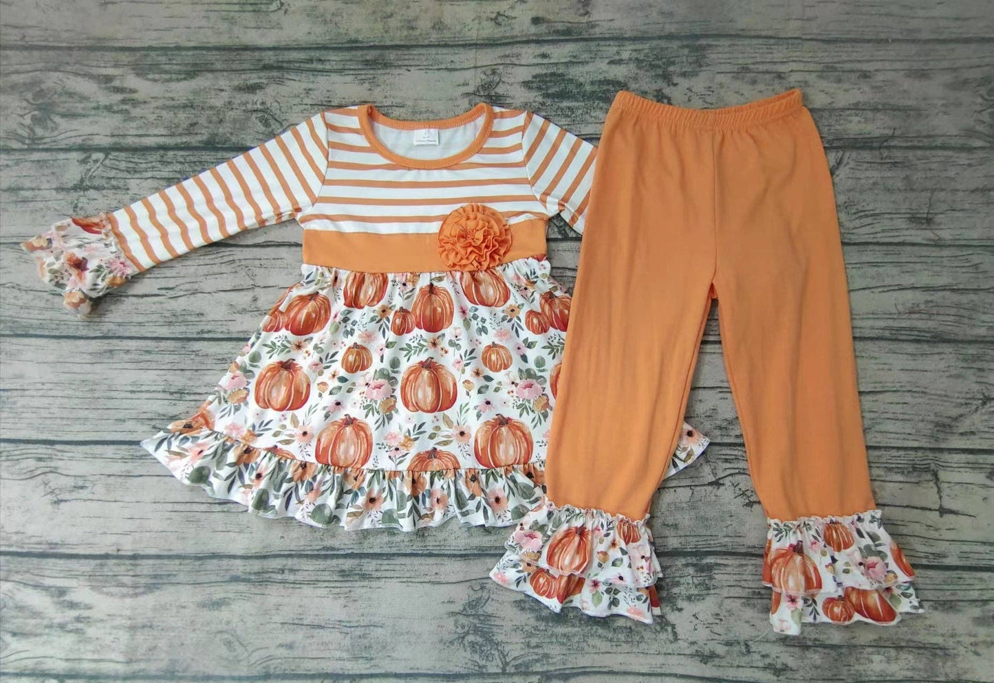 Baby girls fall orange pumpkin stripe pants sets