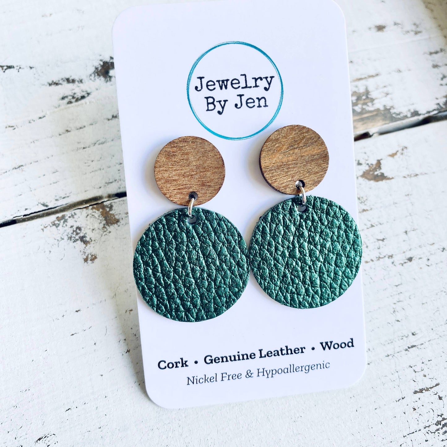 Wood Stud Earrings: Metallic Hunter Green