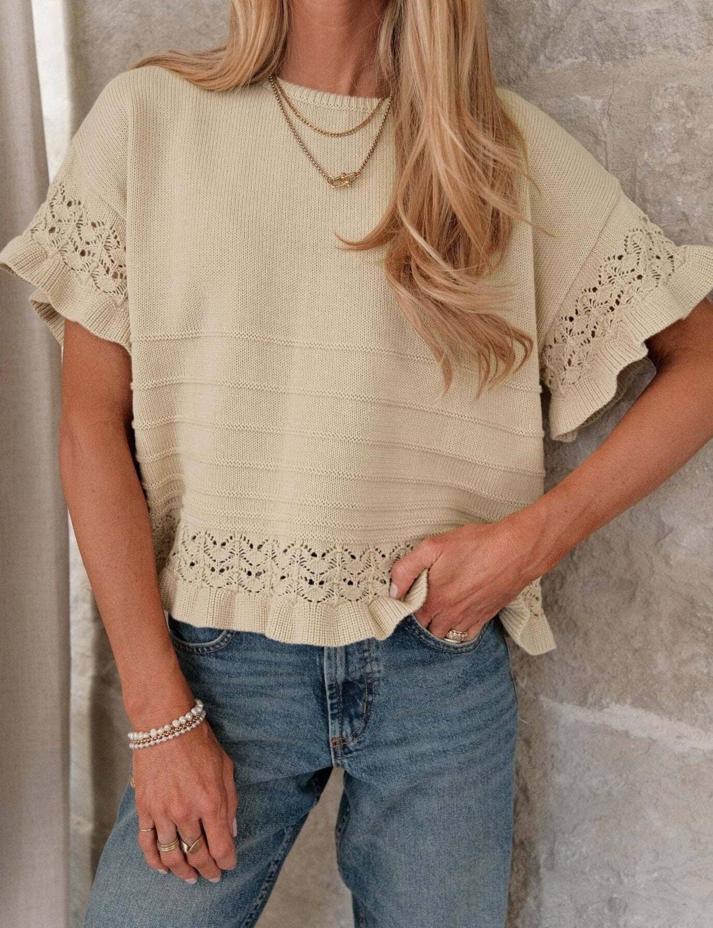 Ruffle Sleeve Crochet Knit top