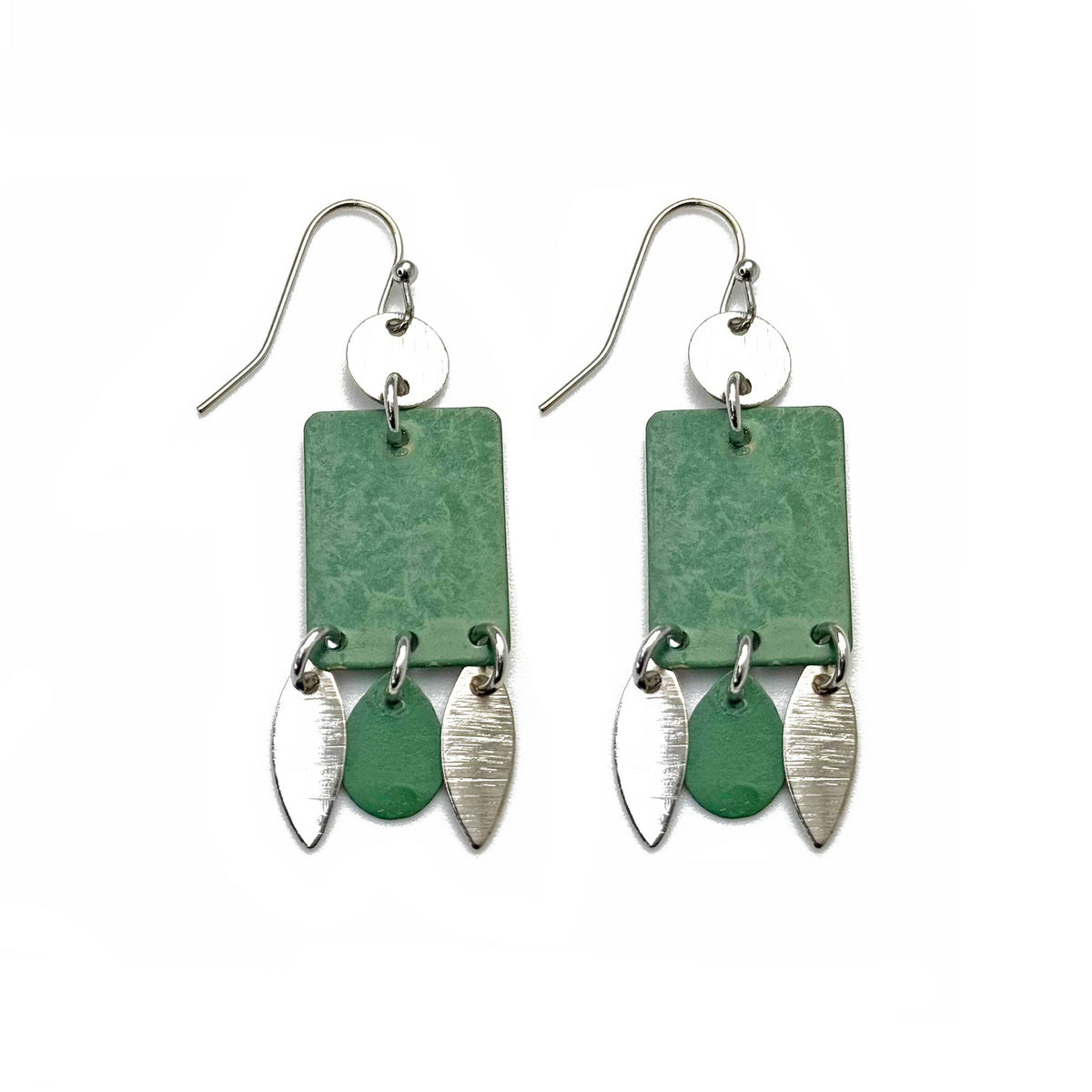 Green Patina Rectangle Leaf Dangle Earrings