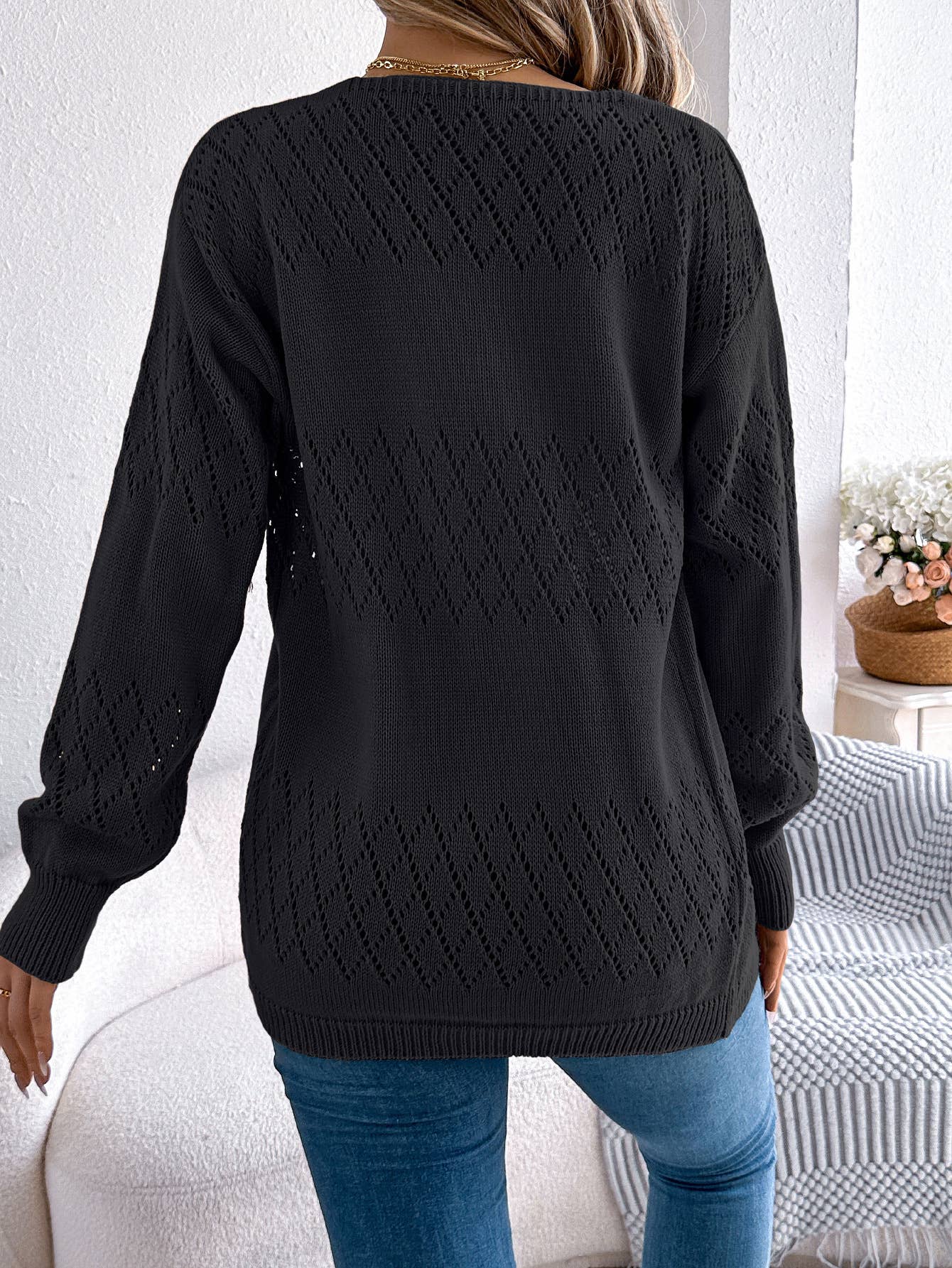 Black Open Front Pointelle Knit Cardigan Top