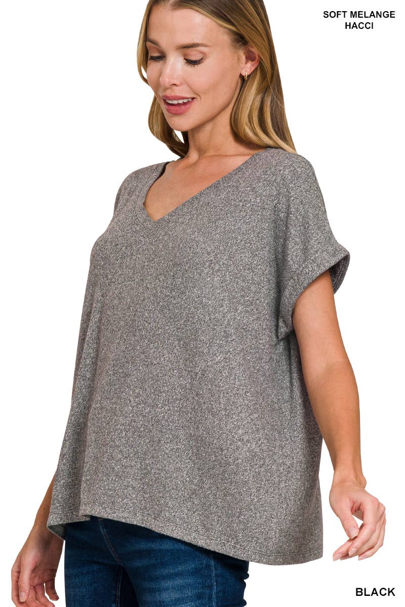 Black Soft Melange Hacci V Neck top