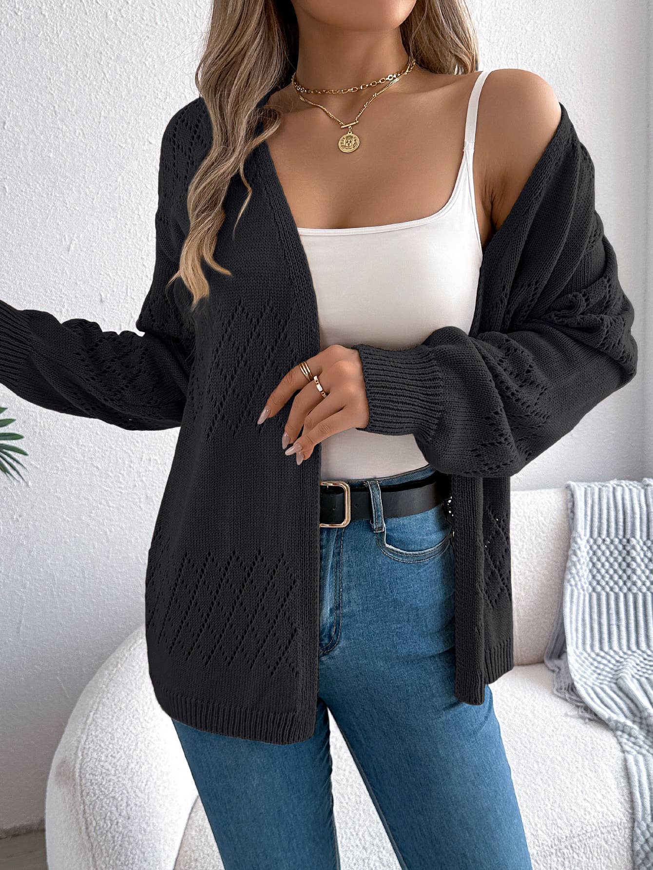Black Open Front Pointelle Knit Cardigan Top