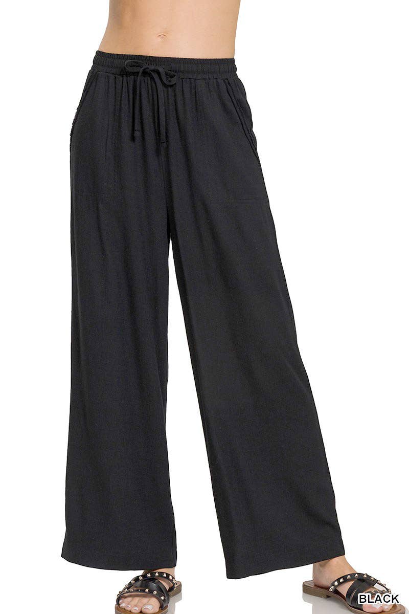 Black Wide Leg Linen Blend Pants W/Pockets