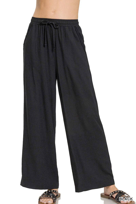 Black Wide Leg Linen Blend Pants W/Pockets