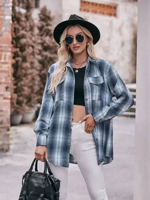 Blue Plaid Oversized Flannel Button Down Shirt